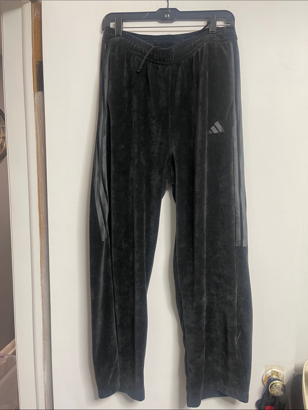 adidas Black Velour Joggers with Side Stripes
